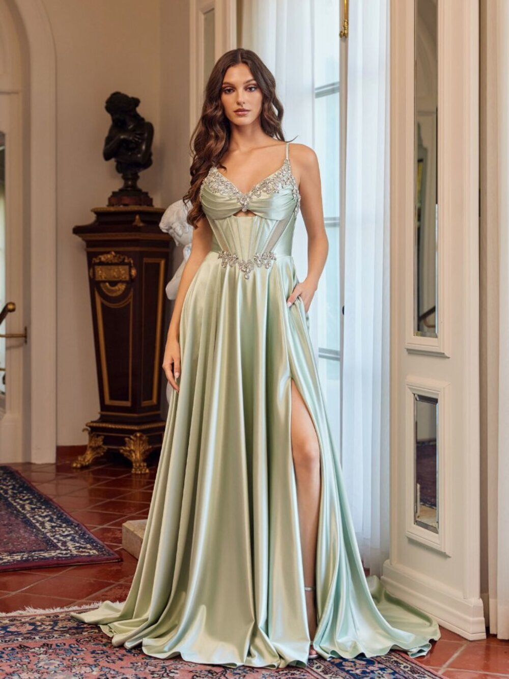 New A-Line Apple Green Rhinestones Embellished Elegant Dress w/ V-Neck JT2711T
